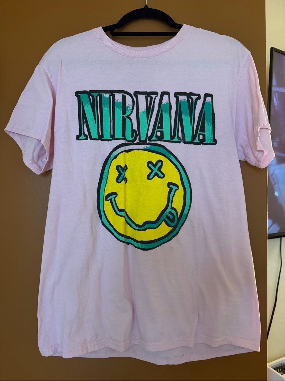 NIRVANA Pink Short Sleeve Tee with Yellow Smiley and Teal Logo